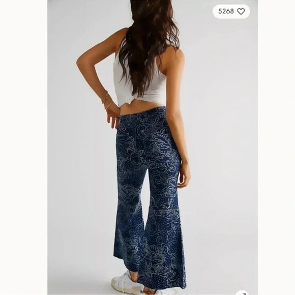 Free People Printed Crop Flare Jeans High Rise Denim Ankle Blue We The Free - Picture 15 of 17